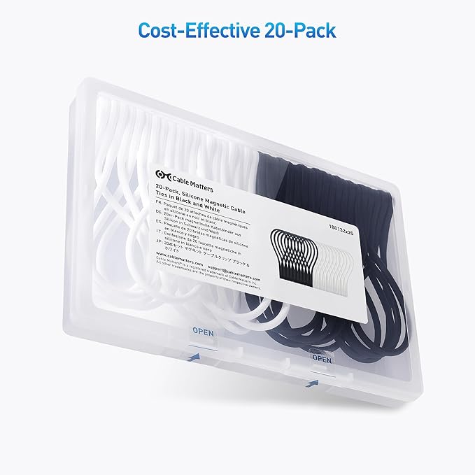 Cable Matters 20-Pack Ultra Strong Silicone Magnetic Cable Ties, Magnetic Cord Ties/ZipTies/Cord Organizer, Black and White