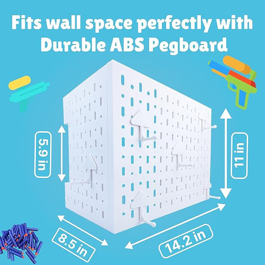 Skywin Peg Board for Nerf Gun Storage Organizer 14.2 x 8.5 x 11 inches - Hanging Holder Compatible with All Blasters Nerf Gun Rack Organizer for Wall Organization with 10 Triangle Hooks (White)