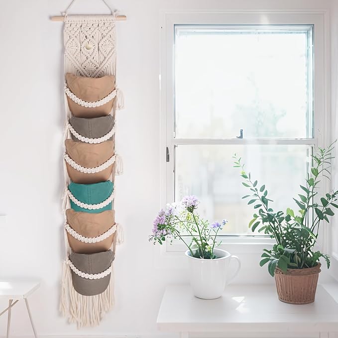 KaloKalo 2PCS Macrame Cap Holders Boho Hat Hangers Over Door Ball Cap Rack Organizer Decorative Bohemian Handmade Woven Wall Hanging for Baseball Cap Display Decoration (Ivory, Up to 24 Caps)