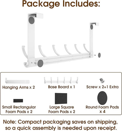 KitchLife Over The Door Hooks Hanger with 7 inches Extended Arms, Fits 1-3/4" Doors, F18U, Bathroom Towel Rack Organization, Thickened 6-Double Hook, Glossy White