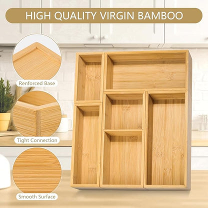 5 PCS Bamboo Drawer Organizer, Multi-Use Wooden Drawer Organizer, Junk Drawer Organizer Kitchen for Bathroom, Makeup Desk, Office Desk, Jewelry, Utensils, Tea Drawer