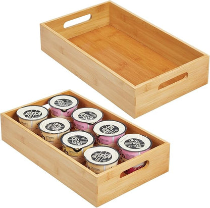 mDesign Wide Bamboo Kitchen Cabinet & Fridge Drawer Organizer Tray - Storage Bin with Handles for Cutlery, Serving Spoons, Cooking Utensils, Appliances - Echo Collection, 2 Pack, Natural Wood