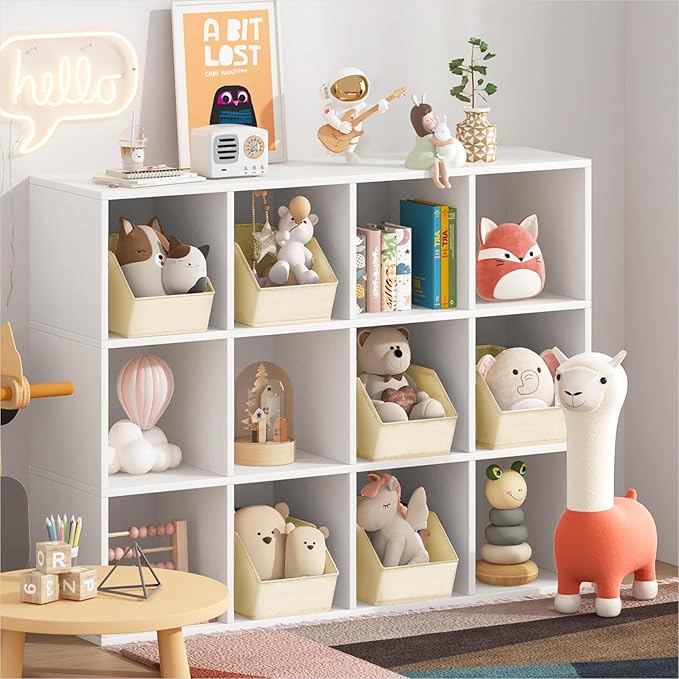 Large Closet Storage Cubes - Closet Storage Bins with Dual Handles for Clothes, Towels, Toys, Shelf Organizer Bins for Bedroom, Nursery, Shelves, Small Spaces, Beige, 4 Pack