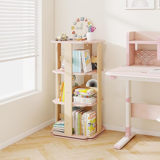Costzon Kids Rotating Bookshelf, 360° Spinning 3-Tier Corner Bookshelf for Small Space w/12 Sectors, Floor Standing Bookcase Storage Rack, Wooden Narrow Bookcase for Kid's Room, Living Room, Daycare