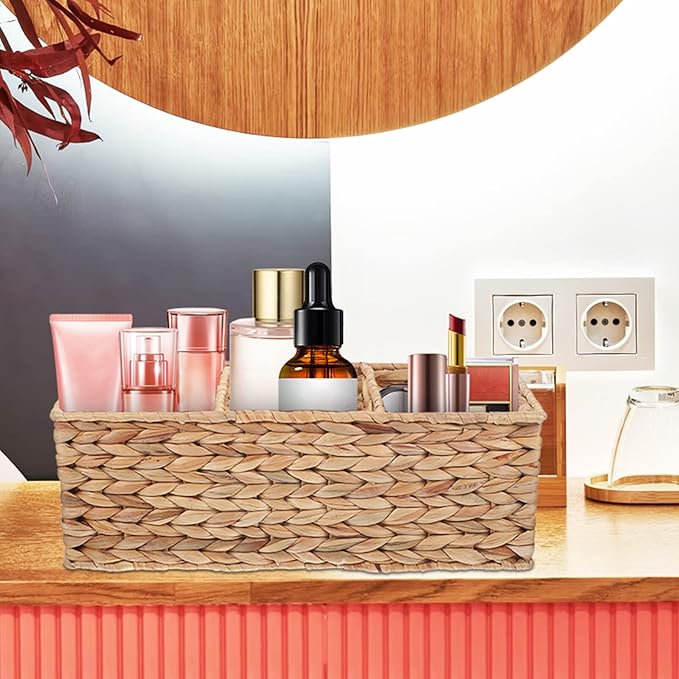 Water Hyacinth Storage Baskets 3-Section Wicker Baskets for Shelves Hand-Woven Vanity Basket for Bedroom Bathroom Pantry Shelf Closet - Coffee/1690