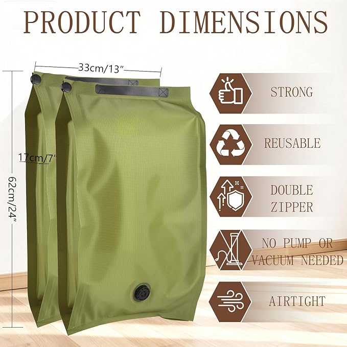 Reusable Fabric Vacuum Seal Bags for Clothing – Large Compression Travel Essentials with No Pump – Manual Exhaust, Tear-Resistant Oxford Cloth for Luggage, Closet & Organization (Military Green-2L)