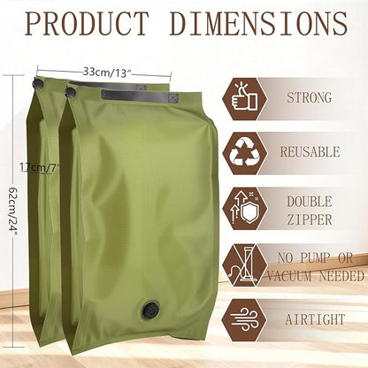 Reusable Fabric Vacuum Seal Bags for Clothing – Large Compression Travel Essentials with No Pump – Manual Exhaust, Tear-Resistant Oxford Cloth for Luggage, Closet & Organization (Military Green-2L)
