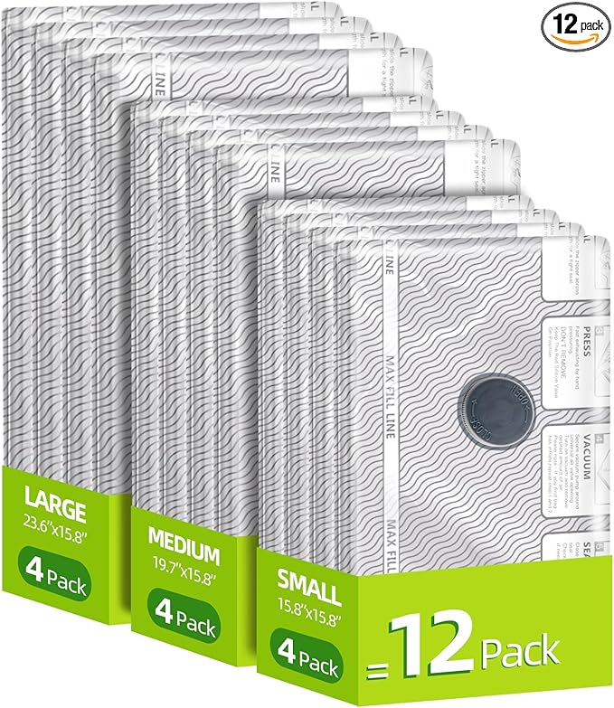 VACKFOX 12 Pack Travel Vacuum Bags for Clothing,Compression Seal Packing Cubes for Luggage Suitcase Backpack,Carry-on Size Space Saver Storage Bags 80% Space Saver for travel,outdoor and home use.