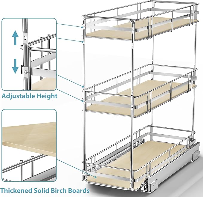 Pull Out Spice Rack Cabinet Organizer 7" W x 20½" D, 3 Tier Heavy Duty Slide Out Wood Shelf for Narrow Cabinet, Pull Out Storage for Kitchen