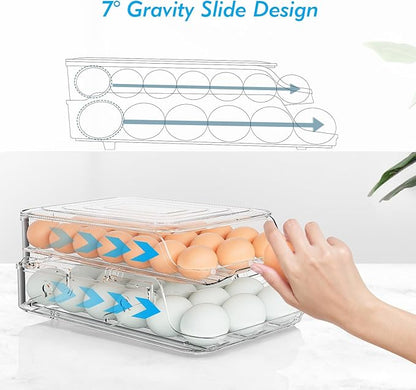 Egg Holder for Fridge, Foldable Automatic Rolling Egg Container for Refrigerator, Stackable Large-Capacity Egg Organizer Tray, Durable Clear Plastic Dispenser (3 dozens)
