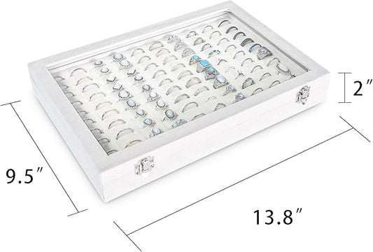 Frebeauty Ring Organizer Tray 100 Slots Ring Holder with Clear Lid Velvet Storage Box Jewelry Tray for Jewelry Store Earring Display Case for Jewelry Show Studs Box for Women(White)