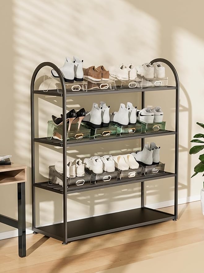 Double Layer Shoe Slots Organizer 9.84” X 9.05” X 5”In Stacker Space-Saving Storage Holder - Transparent Plastic Shoe Rack For Closet Shelf (Black, 6pack)