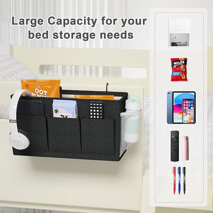 Edudif Dual-purpose Bedside Caddy Bedside Organizer, Bed Caddy with 6 Pockets, Versatile Bedside Storage Solution Magazine Remotes holder, ideal for Home, Dorm, Hospital, Crib Bed (Black 2 pcs)
