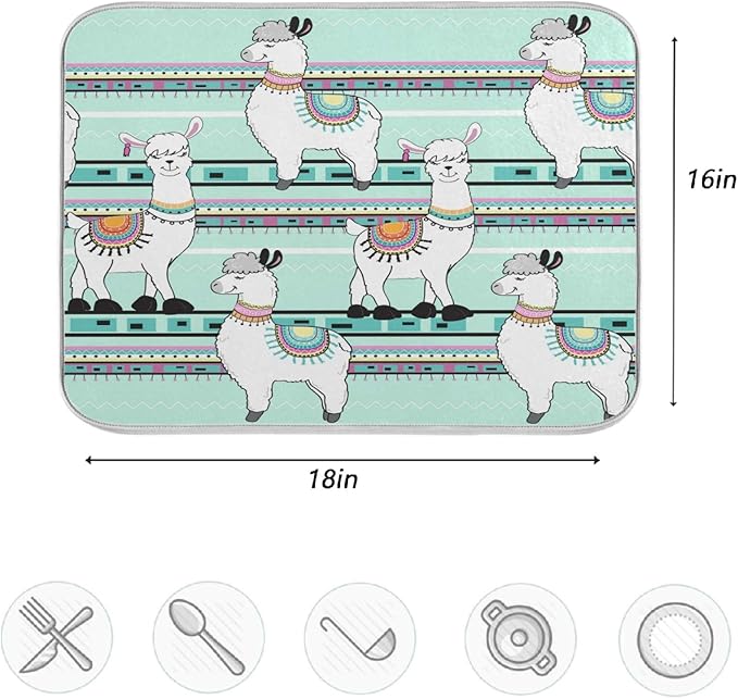 ZzWwR Tribal Cute Cartoon Llama Green 16 x 18 Inches Absorbent Dish Drying Mat Microfiber Kitchen Countertop Table Protector Multi-Purpose Counter Rack Sink Drainer Pad