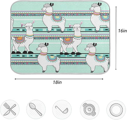 ZzWwR Tribal Cute Cartoon Llama Green 16 x 18 Inches Absorbent Dish Drying Mat Microfiber Kitchen Countertop Table Protector Multi-Purpose Counter Rack Sink Drainer Pad