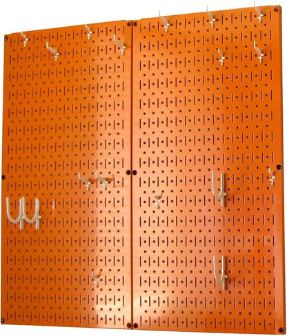 Wall Control Kitchen Pegboard Organizer Pots and Pans Storage Rack Organization Kit with Orange Pegboard and White Accessories