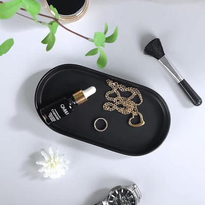 Eyrozia Matte Black Round Soap Dispenser Tray - 8'' Ceramic Vanity Tray for Bathroom Decorative, Jewelry Ring Dish, Comestic Holder, Kitchen Sink Countertop Organizer Plate