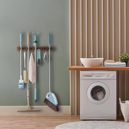 Mop and Broom Holder Wall Mount - Wood Broom Mop Hanger - Wall Mounted Garden Tool Rack Organizer for Closet Garage Laundry Room for Rustic Kitchen Decor With 5 Slots & 4 Hooks