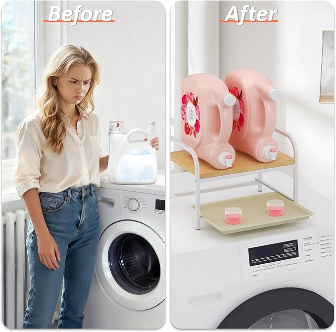 2-in-1 Laundry Detergent Holder & Organizer with Drip Tray, 2-Tier Metal Shelf for Countertop - Soap Dispenser & Storage Stand for Laundry Room, Kitchen, Bathroom, White