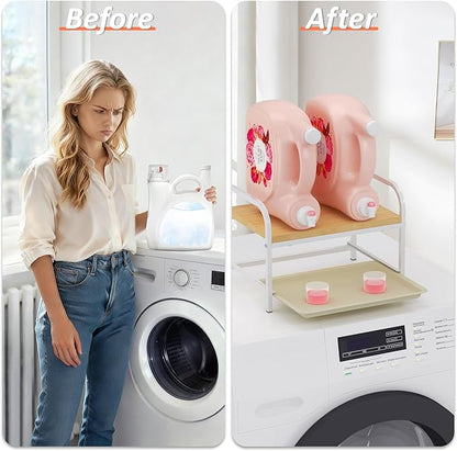 2-in-1 Laundry Detergent Holder & Organizer with Drip Tray, 2-Tier Metal Shelf for Countertop - Soap Dispenser & Storage Stand for Laundry Room, Kitchen, Bathroom, White
