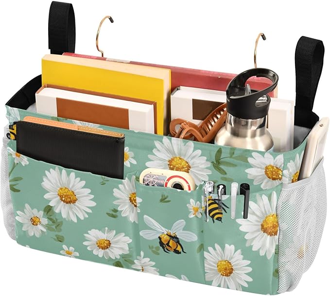 CuwrYet Bedside Caddy Hanging Bunk Bed Caddy Bed Organizer Hanging Pocket with 2 Hooks Bedside Storage Organizer Pocket Bag Holder Mint Green Daisy Flowers and Bees