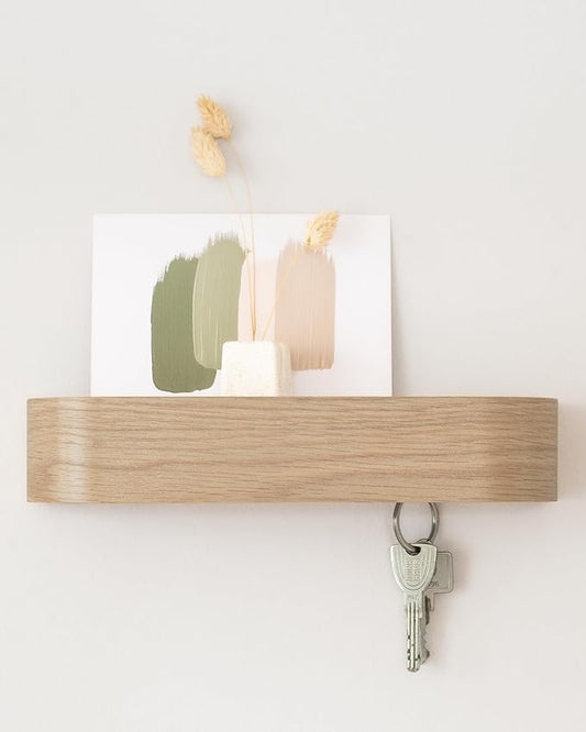 Kazai.® Key Holder 'Toke' | Minimalist Key Hook Design from Berlin | Modern Key Holder Wall Mount with Wooden Shelf | Key Rack for Wall as Entryway Organizer | Oak, White