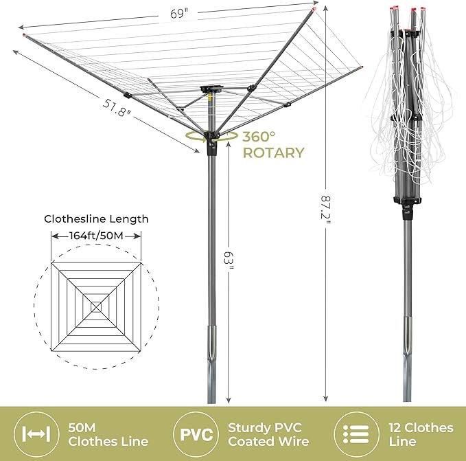 Outdoor Clothes Drying Rack, Portable Umbrella Clothesline, 4-Arm 12 Lines of 164 Ft Hanging Space, Height Adjustable Outdoor Rotary Drying Rack, Foldable Laundry Drying Rack for Backyard