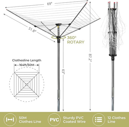 Outdoor Clothes Drying Rack, Portable Umbrella Clothesline, 4-Arm 12 Lines of 164 Ft Hanging Space, Height Adjustable Outdoor Rotary Drying Rack, Foldable Laundry Drying Rack for Backyard