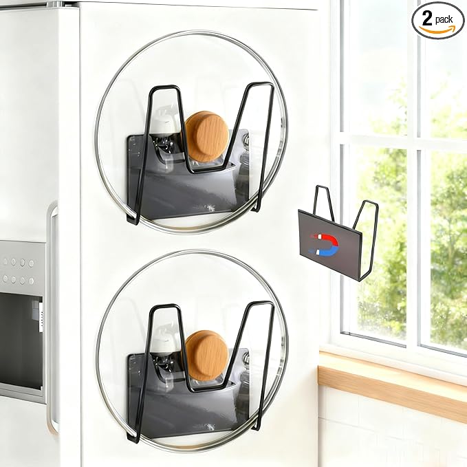 Toviyam Magnetic Pot Lid Holder for Refrigerator, 2 Pack Strong Magnetic Pot Lid Organizer for Cutting Board, Baking Tray & Pan Covers, Stainless Steel Moveable Kitchen Storage Rack