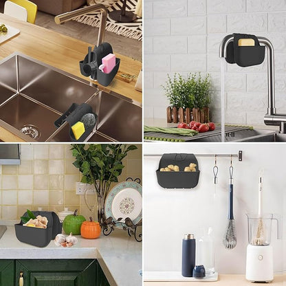 VPASION Sponge Holder for Kitchen Sink, Silicone Sink Saddle Caddy Organizer Rack, Sponges Holder Over Faucet, Hanging Kitchen Organizer Accessories Rack Basket Black