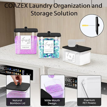 3 Pack Plastic Laundry Pods Container & Dryer Sheet Holder, Laundry Room Organization and Storage Jars with Lids, Scoops & Labels for Detergent, Powder, Scent Booster(Black Lid)