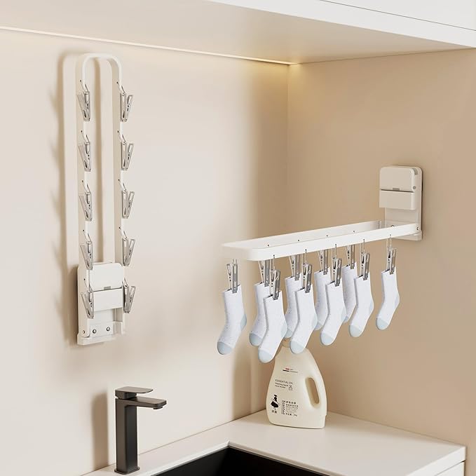 1 Pack Wall Mounted Suction Cup Clothes Drying Rack with 10 Clips, Portable & Collapsible Sock Hanger for Drying Socks, Bras, Underwear, Baby Clothes, Towels