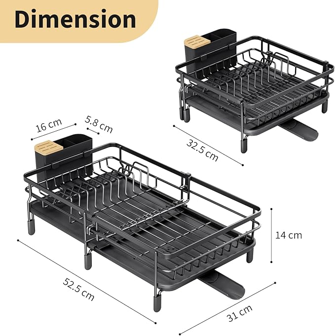 Expandable Dish Drying Rack for Kitchen Counter, Large Extendable Dish Rack with Bamboo Cover Cutlery Holder, Multifunctional Adjustable Dish Dryer Drainer