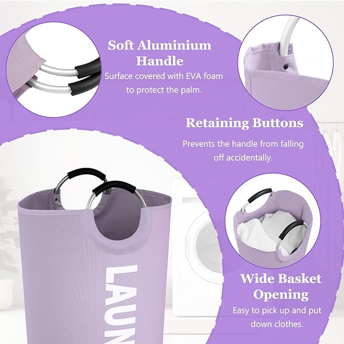 Super Large Laundry Basket with Handles, 125L Foldable Dirty Clothes Hamper for Adult, Stand-alone Laundry Hamper in 600D Oxford Fabric, Purple Storage Basket for Family, Guest House,Purple