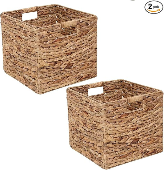 Set of 2 Storage Baskets Wicker Cube Baskets Foldable Handwoven Water Hyacinth Laundry Organizer,10.5 * 10.5 inches Woven Baskets, Wicker Storage Basket, Water Hyacinth Storage Baskets (2)