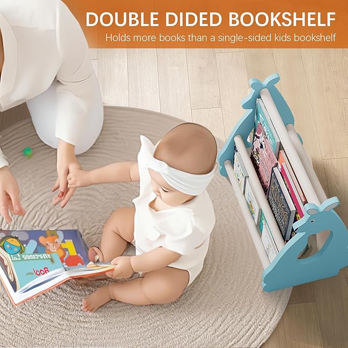 Double Sided Kids Bookshelf – 2 Tier Portable Toddler Bookshelf, Book Shelf for Kids Rooms & Playroom, Cute Kangaroo Design Wooden Montessori Baby Bookshelf,Toddler Book Display Shelves,Blue