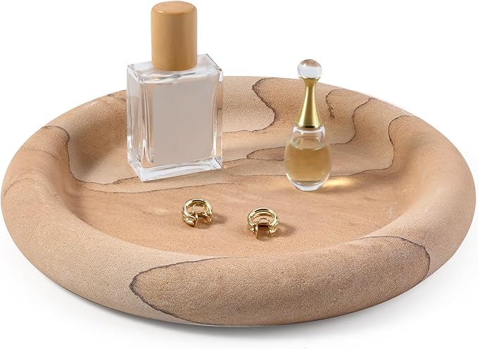 Erongoo Real Natural Marble Tray, Marble Round Decorative Vanity Tray for Bathroom Countertop, Kitchen Counter, or Catchall, Coffee Table Tray for Jewelry (Vein Sandstone)