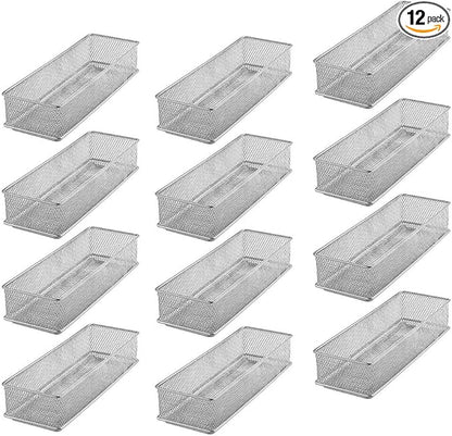 YBM HOME Silver Mesh Drawer Cabinet and or Shelf Organizer Bins, School Supply Holder Office Desktop Organizer Basket (12, 3x9x2 Inch)