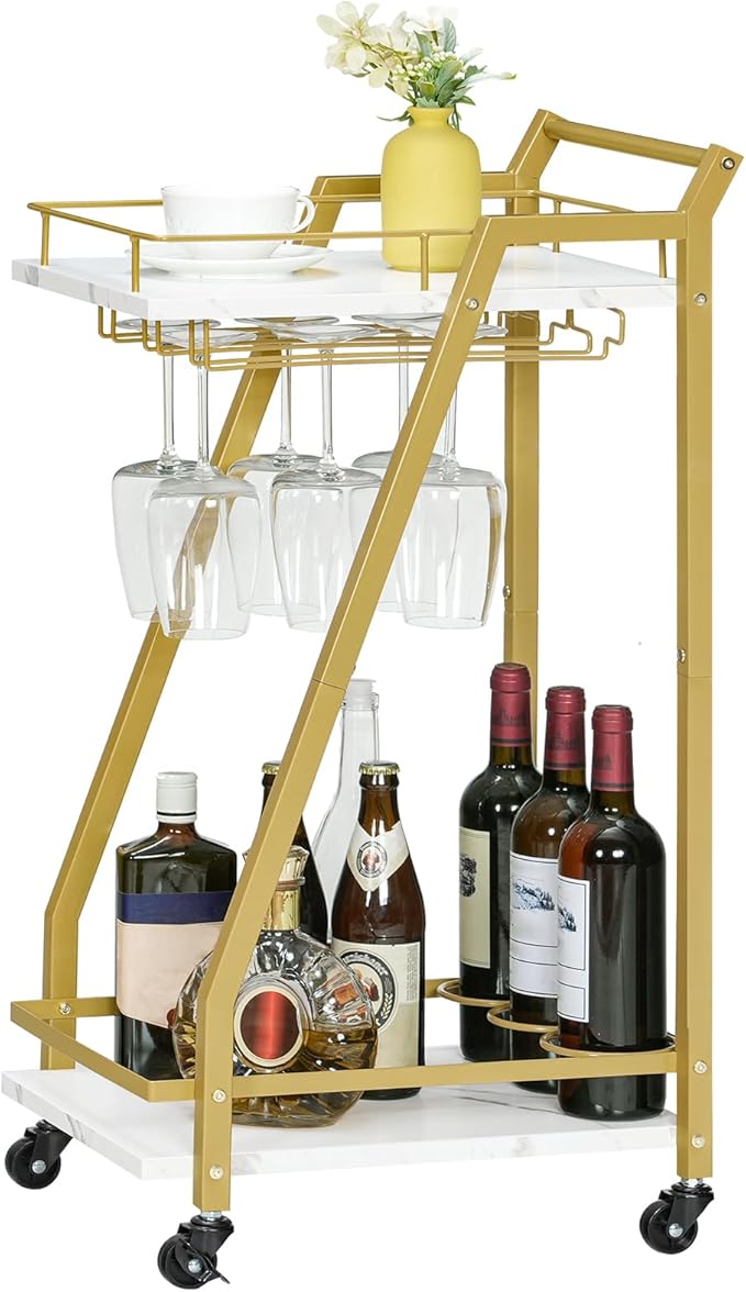 HOOBRO Bar Cart Gold, Home Bar Serving Cart, Kitchen Cart, Rolling Beverage Cart & Wine Rack and Glass Holder 2 Storage Shelves, Cocktail Cart for Home Dining Party, White and Gold DM27TC01