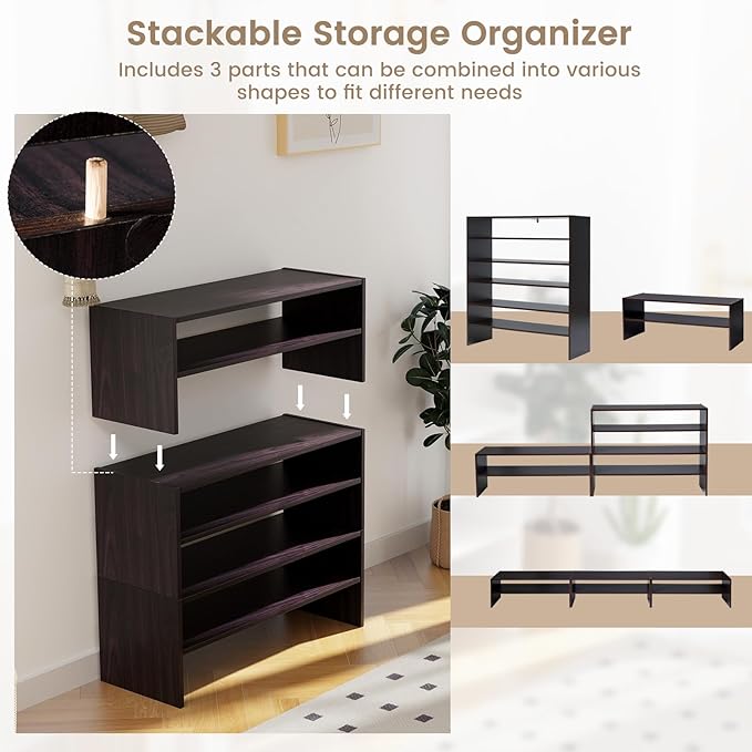COSTWAY 6-Tier Shoe Rack, Extra Wide Shoe Shelf Organizer with Stackable Design, 31" Freestanding Storage Shoe Stand for Small Space Entryway Hallway Closet (Brown)