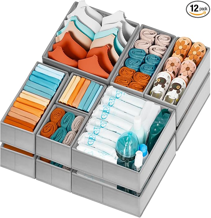 Criusia Drawer Organizer Clothes 12 Pack -Dresser Organizer Bins for Closet Bedroom - Baby Clothes Organizers and Storage for Nursery Organization -Drawer Organizer Divider for Sock Underwear-Grey