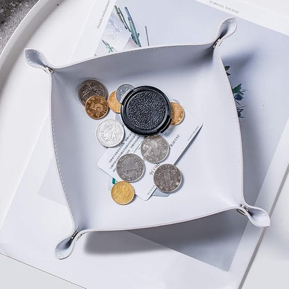 SANQIANWAN Leather Jewelry Valet Tray for Women and Man, Entryway Table Bedside Nightstand Desk Portable Small Catchall Travel Dish Plate for Key,Wallet,Watch,Coin(Grey White-B)