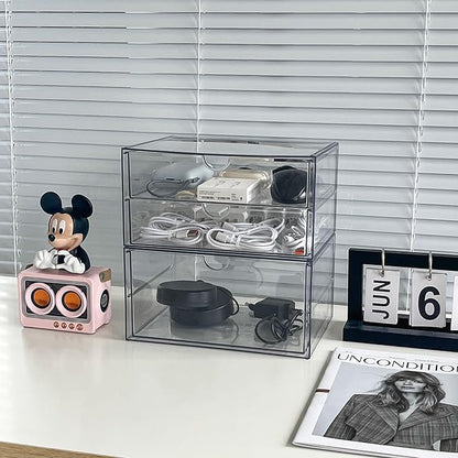NINEWEEN Clear Desk Drawer Organizer, 2 Pack Plastic Home Office Accessories Storage Box for Marker, Cards, Stationery, Crafts, Makeup, Bathroom Supplies, Coffee Pods, Pet Snacks (3 Drawers)