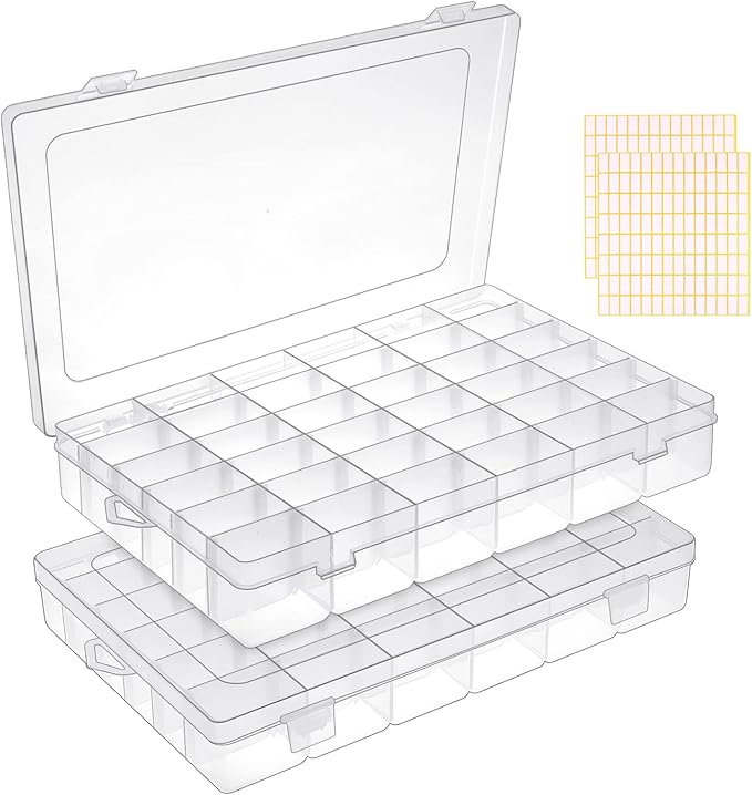 2 Pack 36 Grids Clear Plastic Organizer Box, Storage Container With Adjustable Divider, Craft and Bead Storage for DIY Jewelry Tackles With 2 Sheets Label Stickers