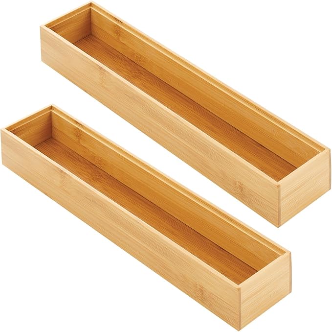 mDesign Slim Wooden Bamboo Drawer Organizer - 15" Long Stackable Storage Box Tray for Kitchen Drawers/Cabinet - Utensil, Silverware, Spatula, Flatware Holder - Echo Collection, 2 Pack, Natural Wood
