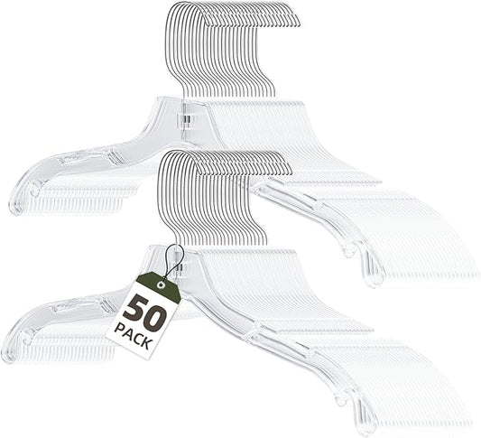 UEAKPIC Clear Plastic Hangers 50 Pack, Heavy Duty Clothes Hangers with 360° Swivel Hook, 2.1" Ultra-Wide Non-Slip Notches & Non-Slip Grips for Dresses, Shirts, Coats, Suits