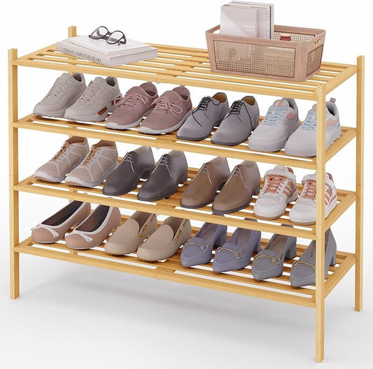 Smiry Long Bamboo Shoe Rack 4-Tier, Stackable Wooden Shoe Organizer for Entryway & Closet, Free Standing Wood Shoe Storage Shelf for Front Door & Small Spaces, Natural