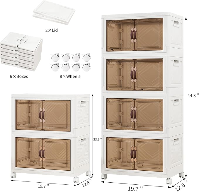 Vavkorkula Storage Bins with 2 Lids and Wheels, 270QT-45QT*6Tier Collapsible Bathroom Storage Cabinet with Clear Doors, Plastic Stackable Closet Organizers and Containers White