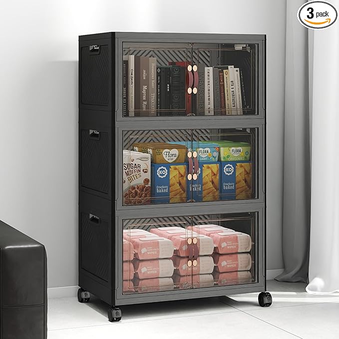 Extra Large Stackable Storage Bins, Lockable Storage Bins with Lids, Folding Storage box with Doors and Wheels, Collapsible Plastic Drawers for Home, Garage, Office (3, Black, Medium)
