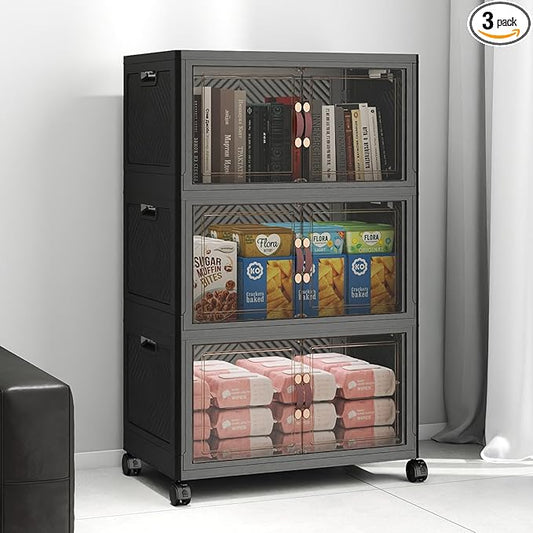 Extra Large Stackable Storage Bins, Lockable Storage Bins with Lids, Folding Storage box with Doors and Wheels, Collapsible Plastic Drawers for Home, Garage, Office (3, Black, Medium)